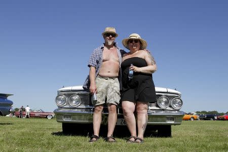 Tony Westlin and Ulrika Skoglund pose with their 1964 Ford Galaxy at the Power Big Meet show in Vasteras, Sweden, July 2, 2015. REUTERS/Philip O'Connor