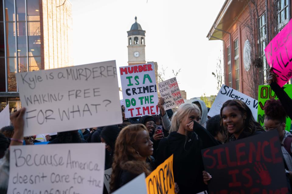 Hundreds of students stand together and protest Kyle Rittenhouse’s talk on their campus on Wednesday, March 27, 2024.