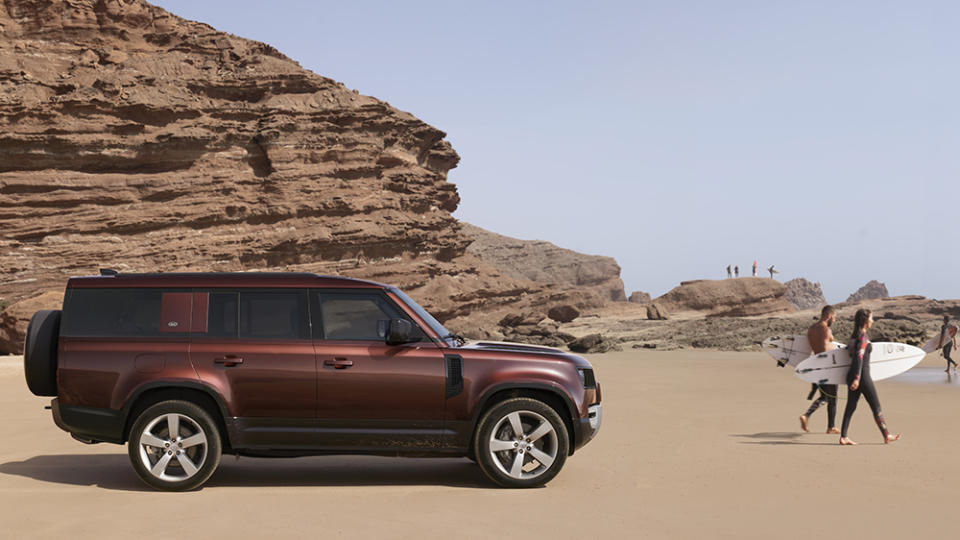 The 2023 Land Rover Defender 130 on a beach