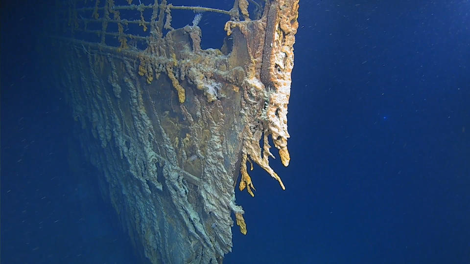 Undated handout photo issued by Atlantic Productions of new images of the bow of the RMS Titanic in her resting place at the bottom of the North Atlantic Ocean taken during a survey of the wreckage from a manned submersible on an expedition in early August.