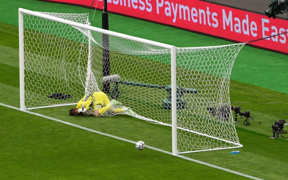 Scotland's goalkeeper David Marshall fails to save a long range shot by Czech Republic's Patrik Schick during the Euro 2020 soccer championship group D match between Scotland and Czech Republic at Hampden Park - POOL