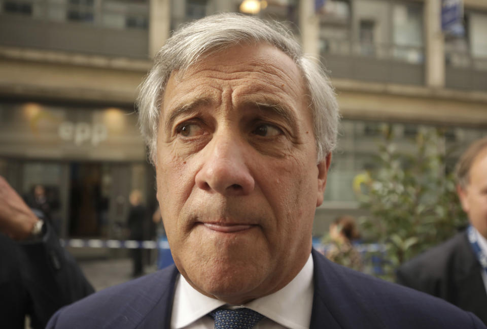 European Parliament President Antonio Tajani arrives for a meeting of the European People's Party EPP in Brussels, Belgium, Wednesday, Oct. 17, 2018 when European leaders meet to negotiate on terms of Britain's divorce from the European Union. (AP Photo/Olivier Matthys)