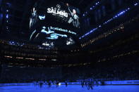 A tribute is paid to former Toronto Maple Leafs player Borje Salming, who died recently, before the Maple Leafs played the San Jose Sharks in an NHL hockey game Wednesday, Nov. 30, 2022, in Toronto. (Chris Young/The Canadian Press via AP)