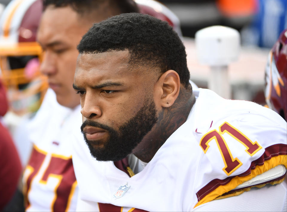 EAST RUTHERFORD, NJ - OCTOBER 28: Washington Redskins offensive tackle Trent Williams (71) during action against the New York Giants at MetLife Stadium.   (Photo by Jonathan Newton / The Washington Post via Getty Images)