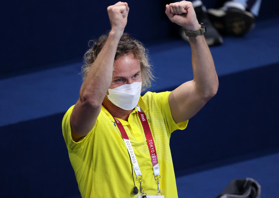 Coach Dean Boxall (pictured) reacts to Ariarne Titmus' gold medal win in the Women's 200m Freestyle Final on day five of the Tokyo 2020 Olympic Games.