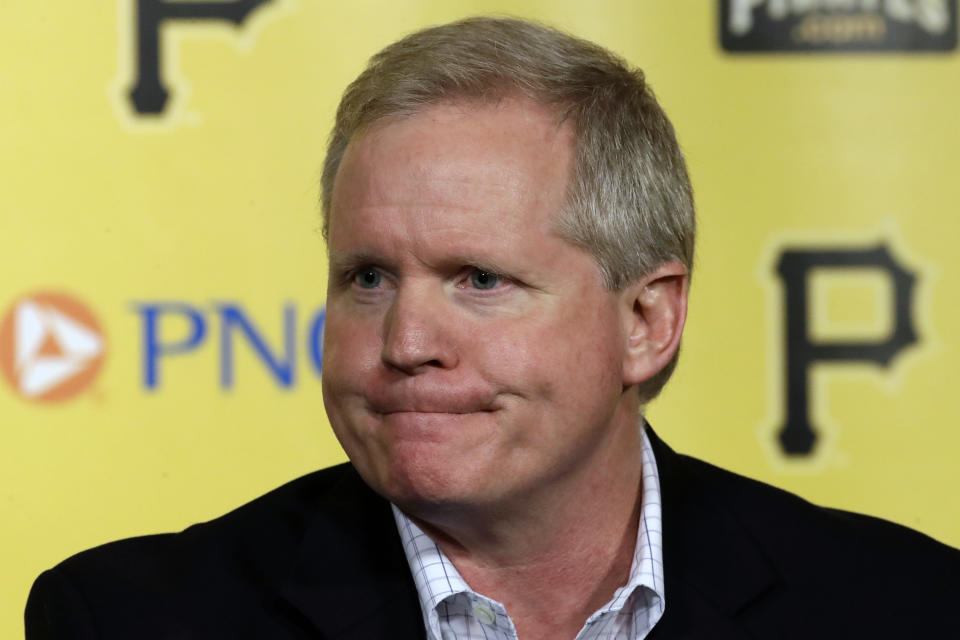 Pittsburgh Pirates general manager Neil Huntington talks with reporters after firing manager Clint Hurdle before the final baseball game of the season between the Pirates and the Cincinnati Reds in Pittsburgh, Sunday, Sept. 29, 2019. (AP Photo/Gene J. Puskar)