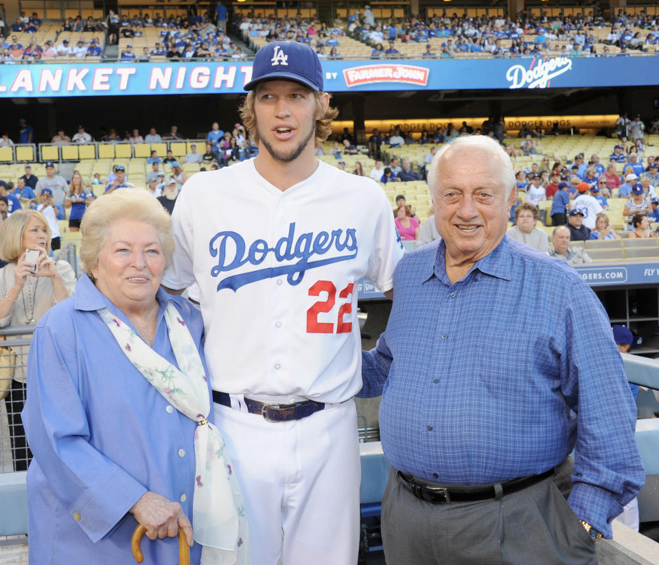 Tommy Lasorda with Clayton Kershaw on September 28, 2013 in Los Angeles, California.