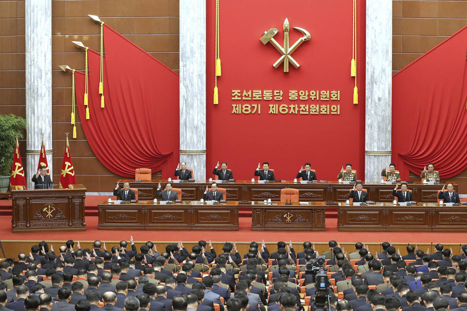 This photo provided by the North Korean government shows North Korean leader Kim Jong Un, left, attends a plenary meeting of the Workers’ Party of Korea at the party headquarters in Pyongyang, North Korea, on Dec. 26, 2022. Independent journalists were not given access to cover the event depicted in this image distributed by the North Korean government. The content of this image is as provided and cannot be independently verified. (Korean Central News Agency/Korea News Service via AP)