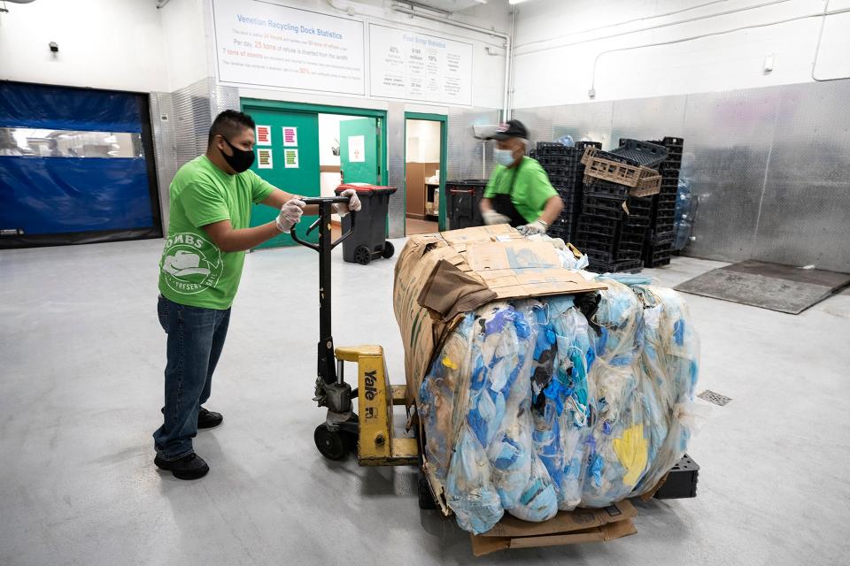 The masks collected at the Venetian Resort Las Vegas will be recycled to make shipping pallets, composite decking and composite lumber.