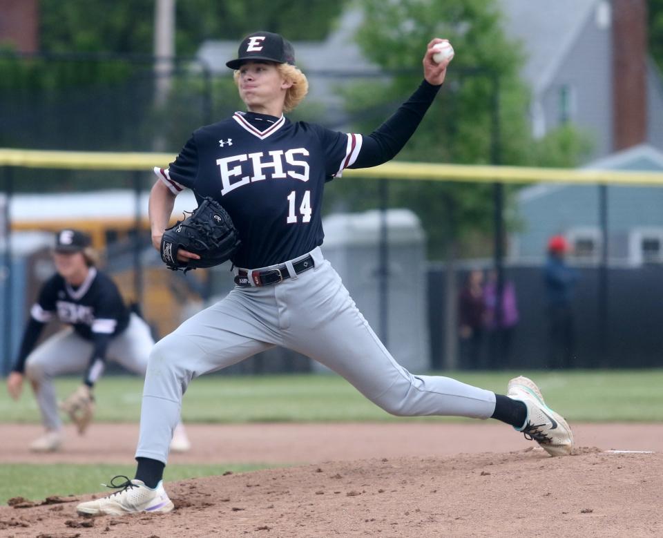 Aeden Palmer pitched a two-hitter for Elmira as the Express won the Section 4 Class AA baseball title with a 6-0 triumph over Corning on May 24, 2023, sweeping the best-of-three-series.