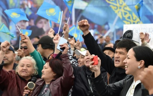 Opposition supporters rally during Kazakhstan's presidential elections in Nur-Sultan