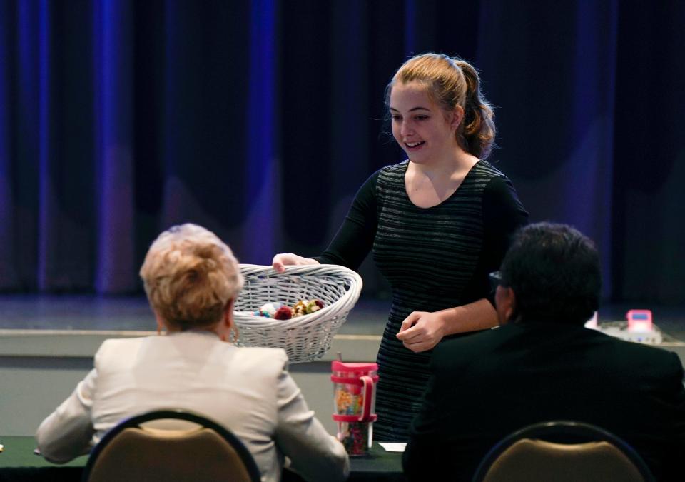 Abigail Young pitches her idea during the Volusia County Schools Career and Technical Education Pitch Competition in Deltona, Tuesday, March 28, 2023.