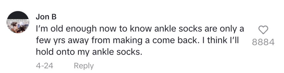 User Jon B comments on ankle socks predicting their comeback, preferring to keep his