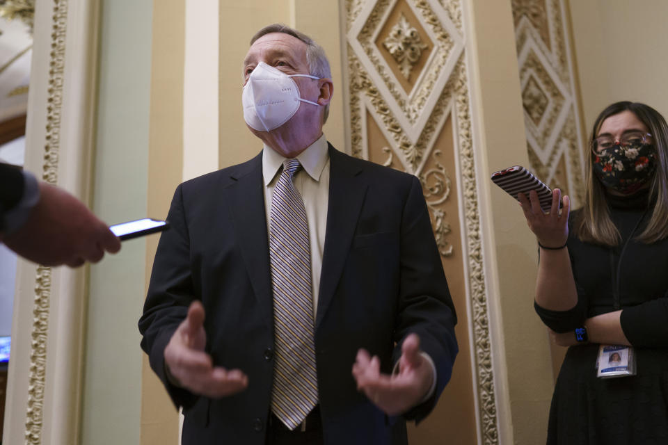 Senate Majority Whip Dick Durbin, D-Ill., talks to reporters after a floor speech criticizing the filibuster, at the Capitol in Washington, Tuesday, March 16, 2021. (AP Photo/J. Scott Applewhite)