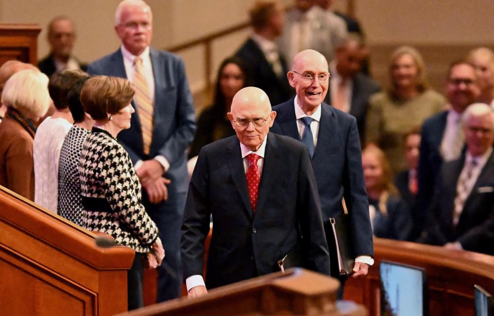 President Dallin H. Oaks, first counselor in the First Presidency, and President Henry B. Eyring, second counselor in the First Presidency, walk onto the podium at the beginning of the Saturday evening session of the 193rd Semiannual General Conference of The Church of Jesus Christ of Latter-day Saints at the Conference Center in Salt Lake City on Saturday, Sept. 30, 2023. | Scott G Winterton, Deseret News