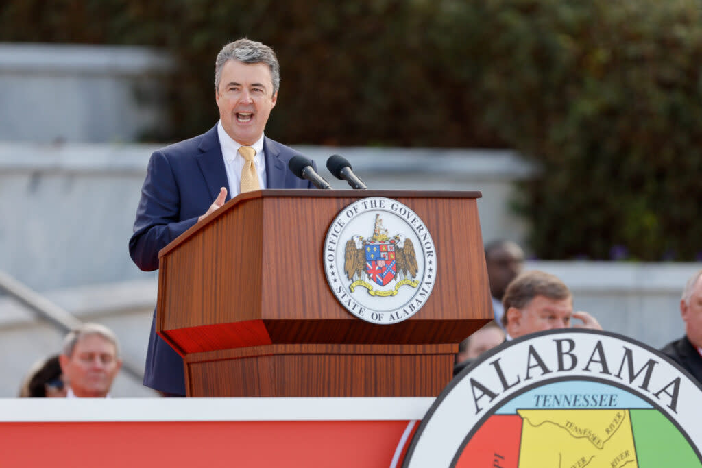 Alabama Attorney General Steve Marshall delivers his inaugural speech during inauguration ceremonies at the Alabama State Capitol on Monday, Jan. 16, 2023 in Montgomery, Alabama.