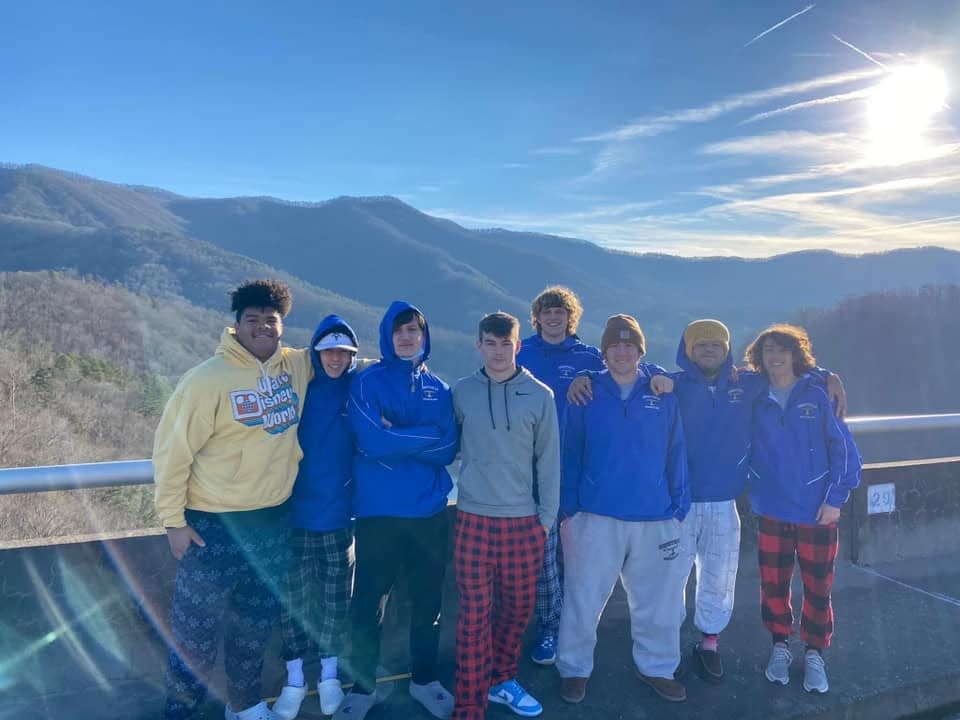 Cherryville wrestlers take a photo in the Blue Ridge Mountains as part of their trip to the James Orr Invitational in Robbinsville earlier this month.