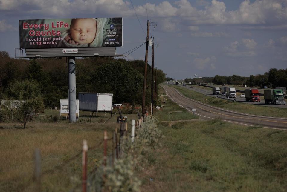 A pro-life billboard alongside the I-30 highway, the route Miranda Michel would have to take to go between New Boston and Dallas, on September 30, 2023.