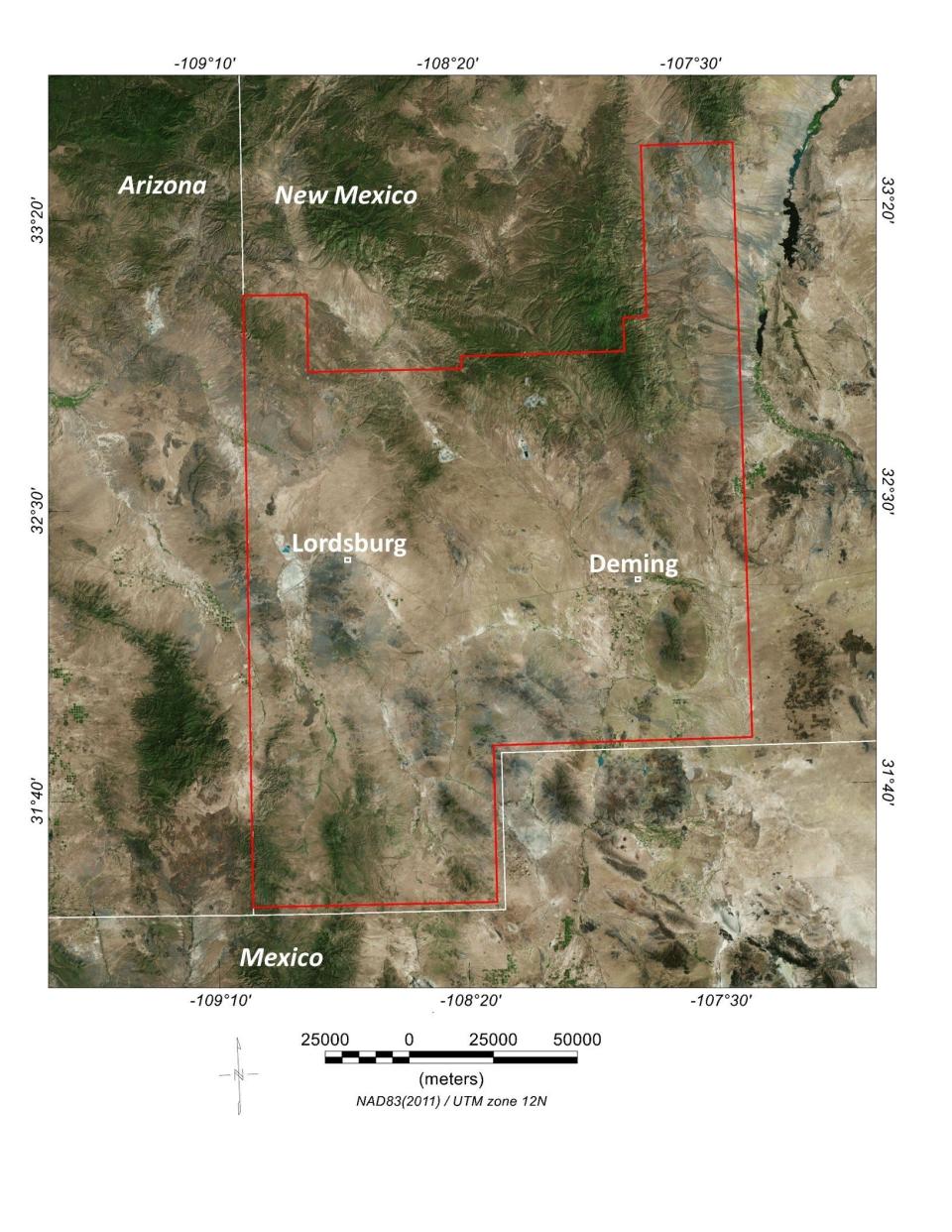 A map of southwest New Mexico around Deming and Lordsburg where the US Geological Survey intends to study for underground minerals via aircraft.