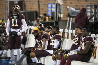 Minnesota players are dejected after a turnover and touchdown by Michigan early in the first half of an NCAA college football game Saturday, Oct. 24, 2020, in Minneapolis, Minn. (Aaron Lavinsky/Star Tribune via AP)