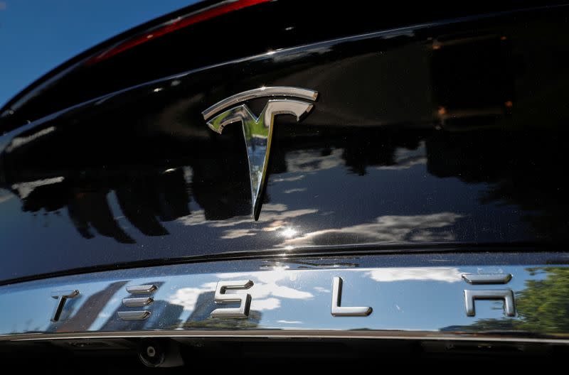 The company logo is pictured on a Tesla Model X electric vehicle in Moscow