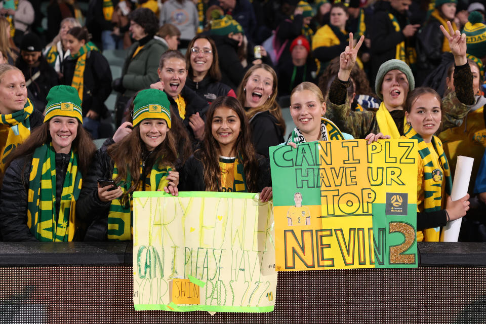 ADELAIDE, AUSTRALIA - MAY 31: Matildas fans with signs after the international friendly match between Australia Matildas and China PR at Adelaide Oval on May 31, 2024 in Adelaide, Australia. (Photo by Maya Thompson/Getty Images)