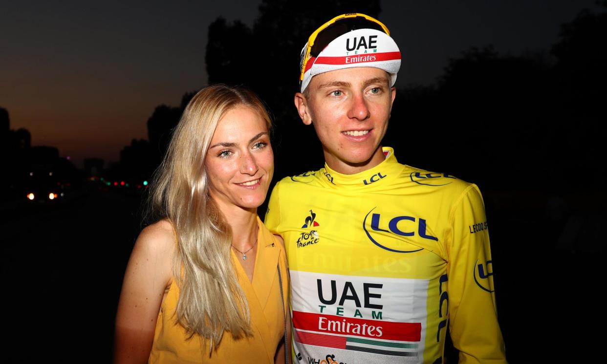 <span>Slovenia’s Tour de France champion Tadej Pogacar with his girlfriend Urska Zigart.</span><span>Photograph: Michael Steele/Getty Images</span>