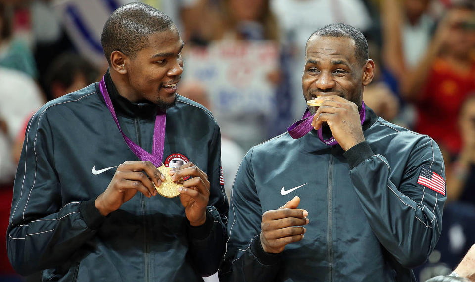 Kevin Durant and LeBron James  at gold medal ceremony at 2012 Summer Olympics in London. (Christian Petersen / Getty Images)