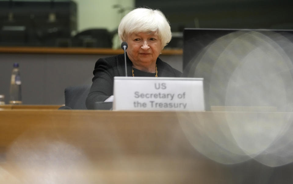 U.S. Treasury Secretary Janet Yellen prepares to speak during a meeting of eurogroup finance ministers at the European Council building in Brussels on Monday, July 12, 2021. (AP Photo/Virginia Mayo)