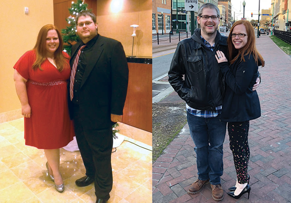 Emily Golding with her husband, before and after their weight loss. (Photo courtesy of Emily Golding)