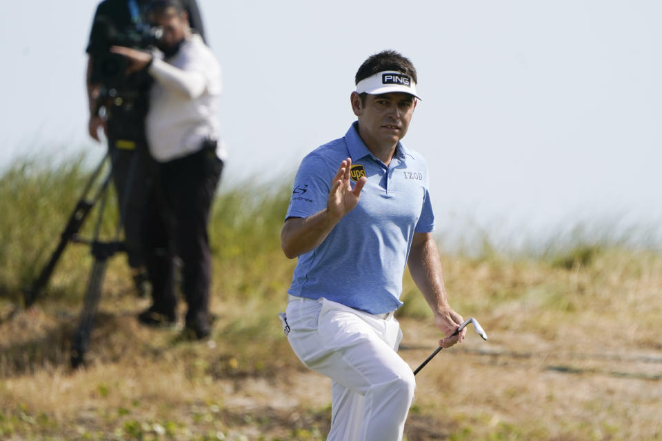 Louis Oosthuizen, of South Africa, waves from the seventh green during the third round at the PGA Championship golf tournament on the Ocean Course, Saturday, May 22, 2021, in Kiawah Island, S.C. (AP Photo/Chris Carlson)