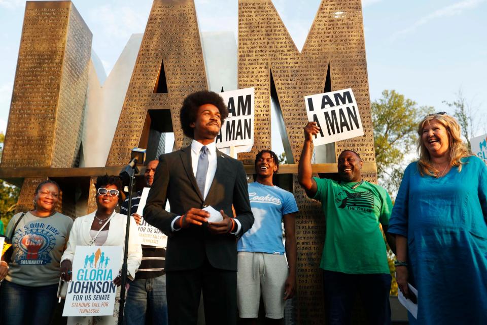 Rep. Justin Pearson, D-Memphis, speaks to the crowd of supporters before Rep. Gloria Johnson, D- Knoxville, announces her campaign for U.S. Senate in 2024 at the I Am A Man Plaza in Memphis, Tenn., Tuesday, Sept. 5, 2023.