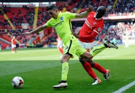 Football Soccer - Charlton Athletic v Brighton & Hove Albion - Sky Bet Football League Championship - The Valley - 23/4/16 Brighton and Hove Albion's Anthony Knockaert is fouled by Charlton Athletic's Rod Fanni for a penalty Mandatory Credit: Action Images / Adam Holt Livepic