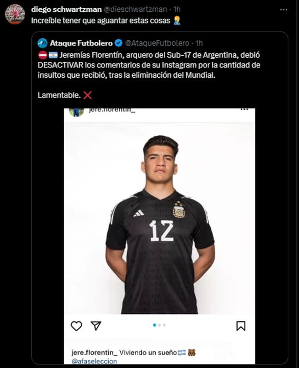 La indignación de Diego Schwartzman por los insultos que recibió el arquero de la Sub 17