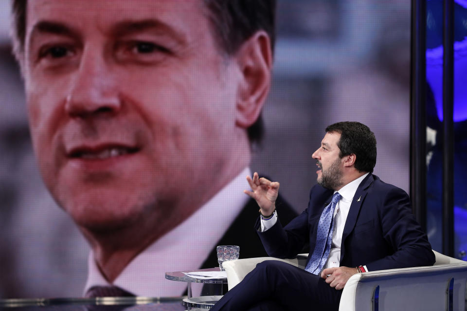 Matteo Salvini, Deputy Prime Minister of Italy and Minister of the Interior, guest of the broadcast Porta a Porta. In the background Giuseppe Conte. Rome (Italy), December 3rd, 2019 (photo by Massimo Di Vita/Archivio Massimo Di Vita/Mondadori Portfolio via Getty Images)