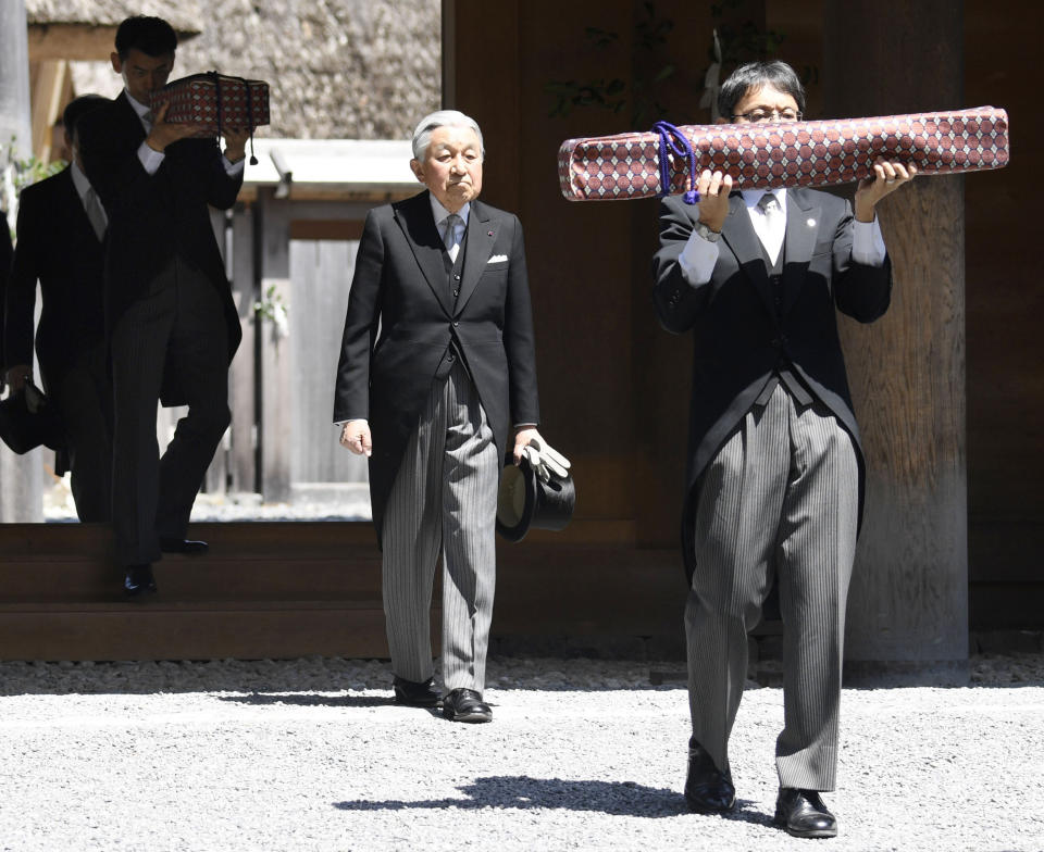 Japanese Emperor Akihito, second right, visits Ise Grand Shrine, or Ise Jingu, in Ise, central Japan Thursday, April 18, 2019. This is the last trip to a local region for emperor and empress before emperor's abdication. (Kazushi Kurihara/Kyodo News via AP)