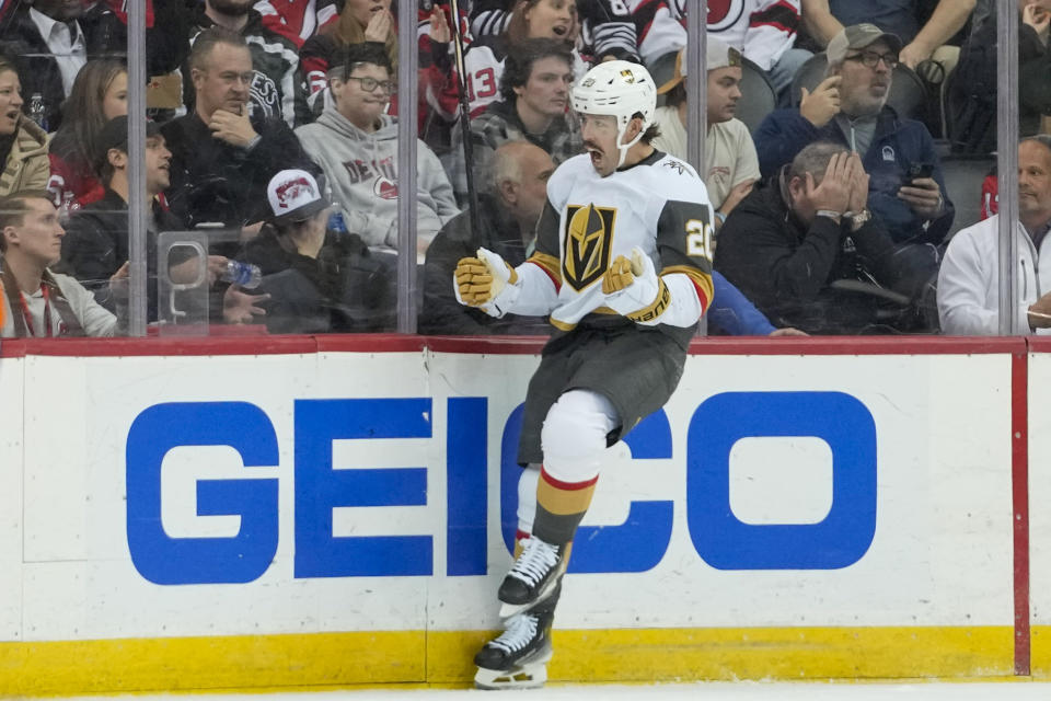 Vegas Golden Knights center Chandler Stephenson reacts after scoring against the New Jersey Devils during the second period of an NHL hockey game, Monday, Jan. 22, 2024, in Newark, N.J. (AP Photo/Mary Altaffer)