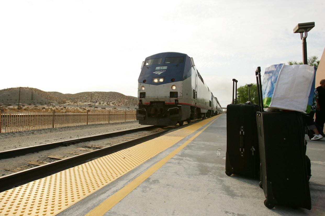 Amtrak’s Sunset Limited train, which curently offers service from New Orleans to Los Angeles via Tucson, pulls into the train station in Palm Springs, California.