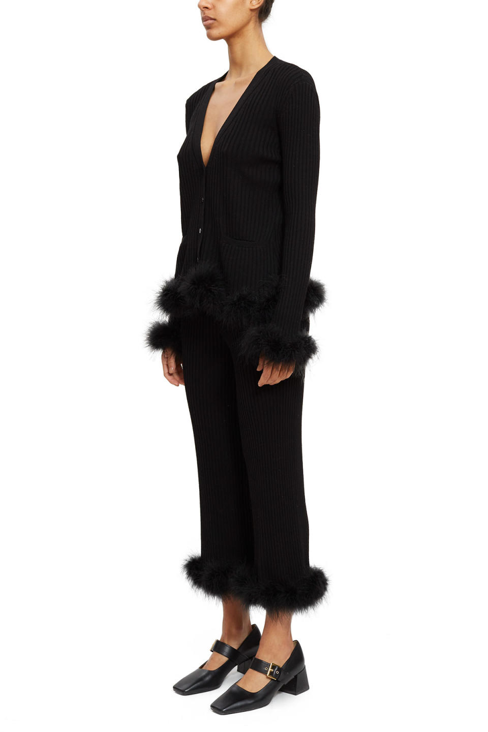 Opening Ceremony black ostrich feather cardigan and culottes. (Credit: Opening Ceremony)