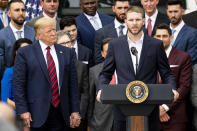 WASHINGTON, DC - MAY 9: Chris Sale #41 of the Boston Red Sox speaks alongside U.S. President Donald Trump during a visit to the White House in recognition of the 2018 World Series championship on May 9, 2019 in Washington, DC. (Photo by Billie Weiss/Boston Red Sox/Getty Images) *** Local Caption *** Donald Trump; Chris Sale