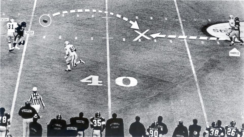 A diagram of the “Immaculate Reception” by Steelers running back Franco Harris (far right). He caught a deflected pass and ran it in for a touchdown in the final seconds of a 1972 AFC divisional playoff game to lift his team to the win over Oakland at Three Rivers Stadium two days before Christmas in 1972. (Photo courtesy of Pro Football Hall of Fame)