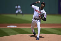 Cleveland Guardians starting pitcher Triston McKenzie delivers during the first inning of a baseball game against the Boston Red Sox, Thursday, April 25, 2024, in Cleveland. (AP Photo/David Dermer)