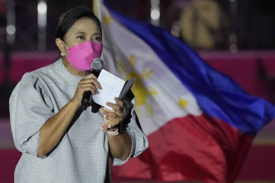 Vice President Leni Robredo, who is also celebrating her 57th birthday, addresses the crowd during a her presidential campaign rally in Pasay City, Philippines on April 23, 2022. The winner of May 9, Monday's vote will inherit a sagging economy, poverty and deep divisions, as well as calls to prosecute outgoing leader Rodrigo Duterte for thousands of deaths as part of a crackdown on illegal drugs. (AP Photo/Aaron Favila)