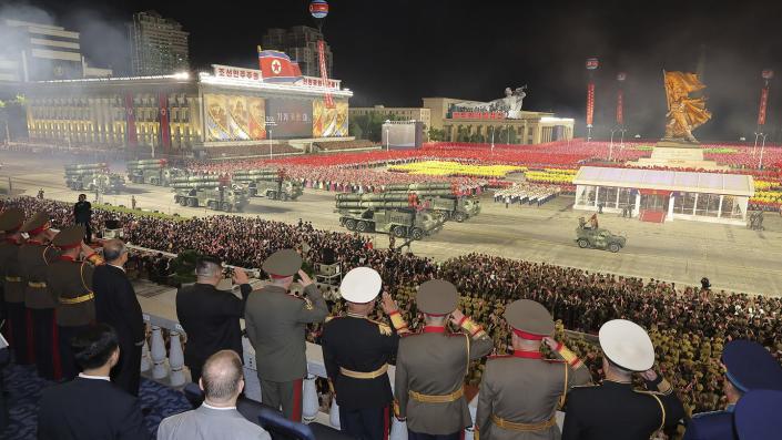 North Korean leader Kim Jong Un, seventh from the right, attends a military parade on Kim Il Sung Square in Pyongyang, North Korea, on July 27, 2023. (Korean Central News Agency/Korea News Service via AP)