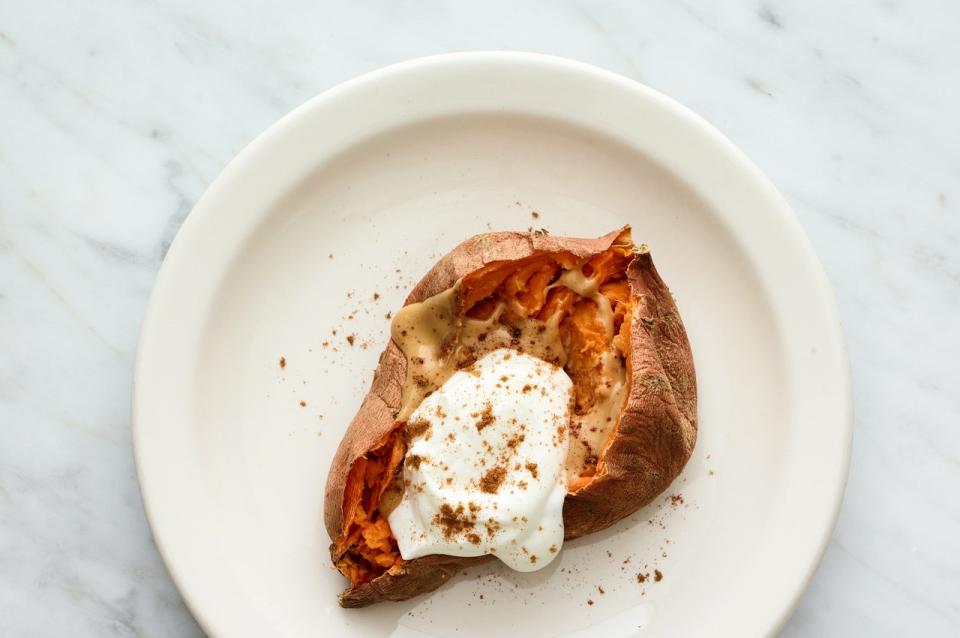 Peanut Butter Yogurt-Stuffed Sweet Potato from SELFstarter