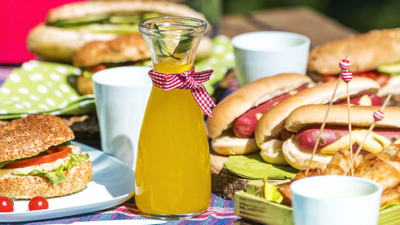 Picnic spread with hot dogs