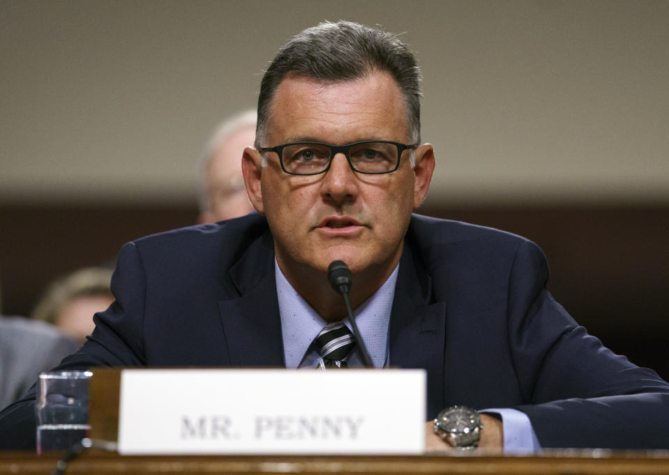 Former USA Gymnastics president Steve Penny invokes his right under the Fifth Amendment not to answer questions during a U.S. Senate Subcommittee hearing in June 2018. (AP)