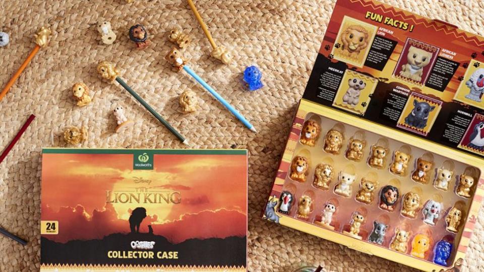 The Woolworths Lion King Ooshies and the collector box is pictured. The figurines are appearing online for ridiculous amounts.