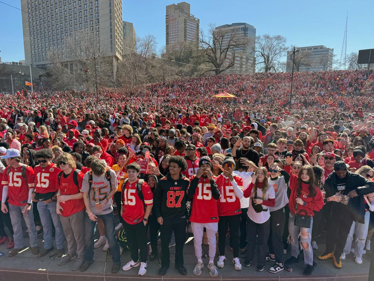 Part of the crowd along the 2-mile parade route to celebrate the Kansas City Chiefs Super Bowl victory before a deadly shooting took place near Union Station.