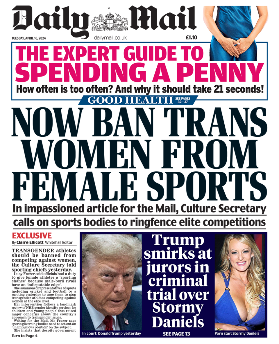 The headline in the Mail reads: "Now ban trans woman from female sports".